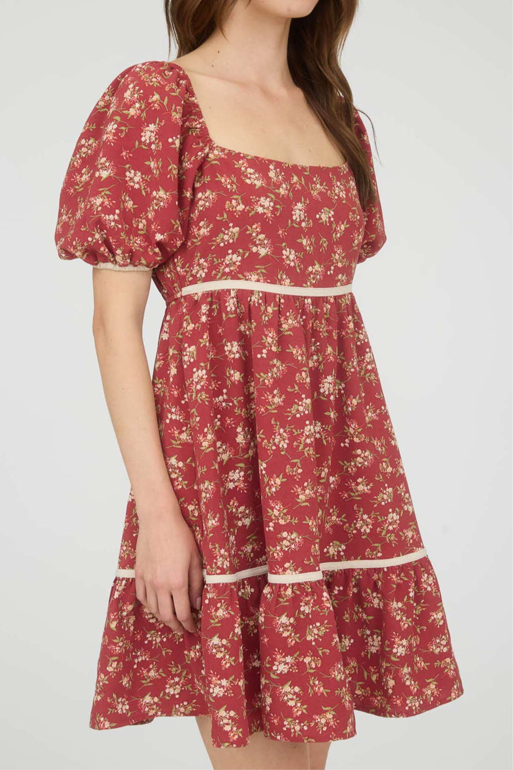 Brick Floral Contract Puff Sleeve Dress