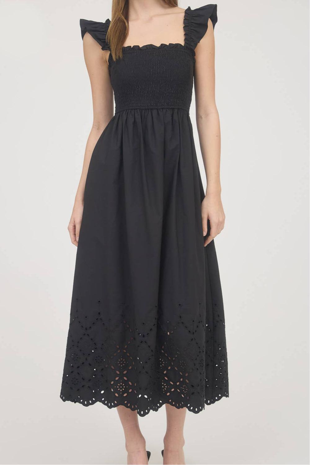 Black Smocked Eyelet Midi Dress