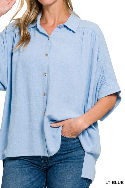 Linen Ruched Shoulder Button Down Top