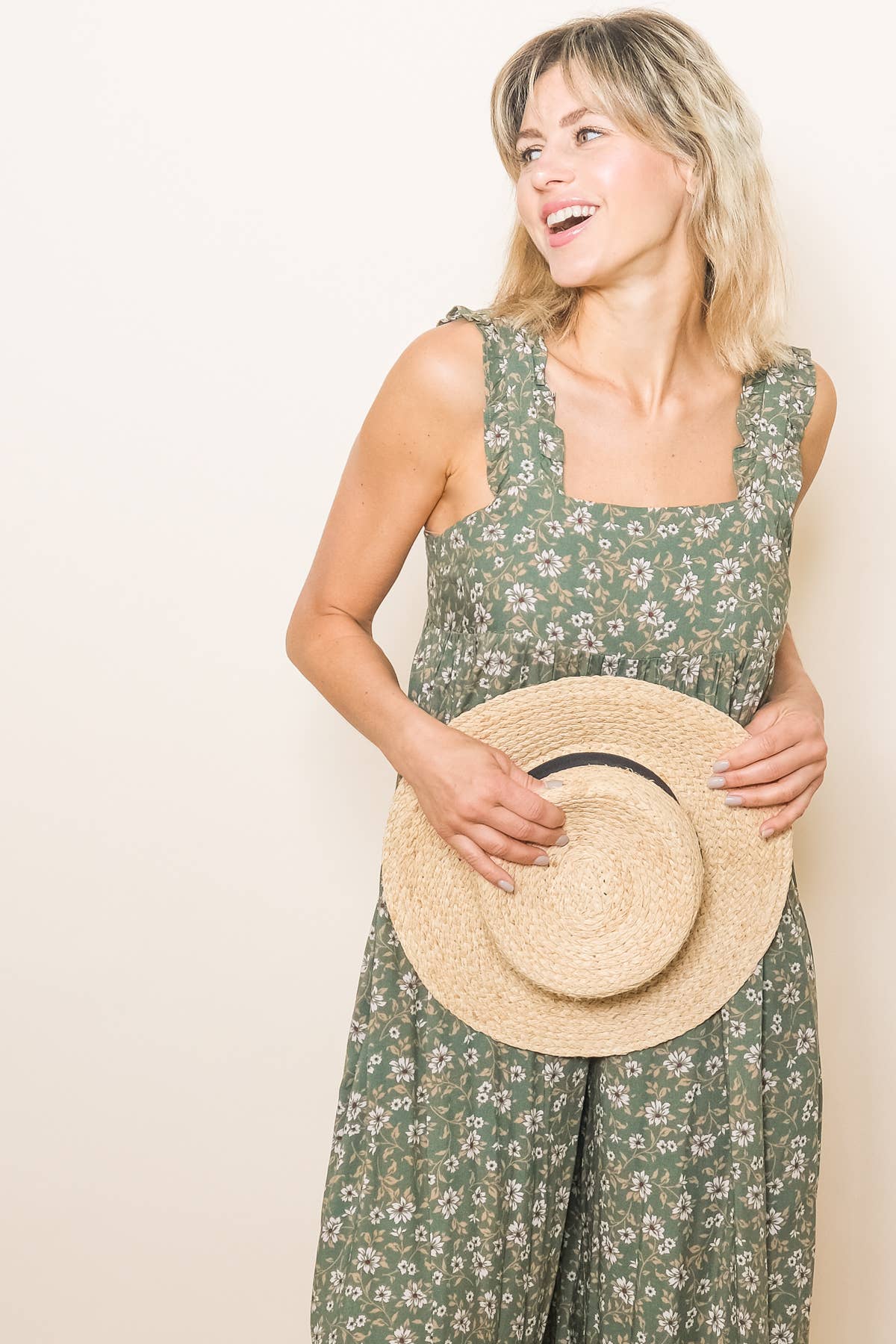 Ruffle Strap Wide Leg Floral Print Jumper with Pockets