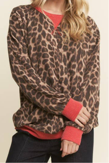 Leopard Ribbed Red Trim Long Sleeve Top