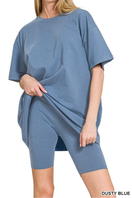 Cotton Short Sleeve Crew Bike Shorts Set