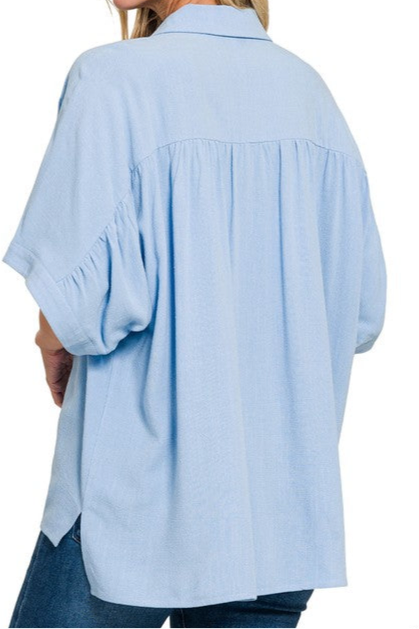 Linen Ruched Shoulder Button Down Top