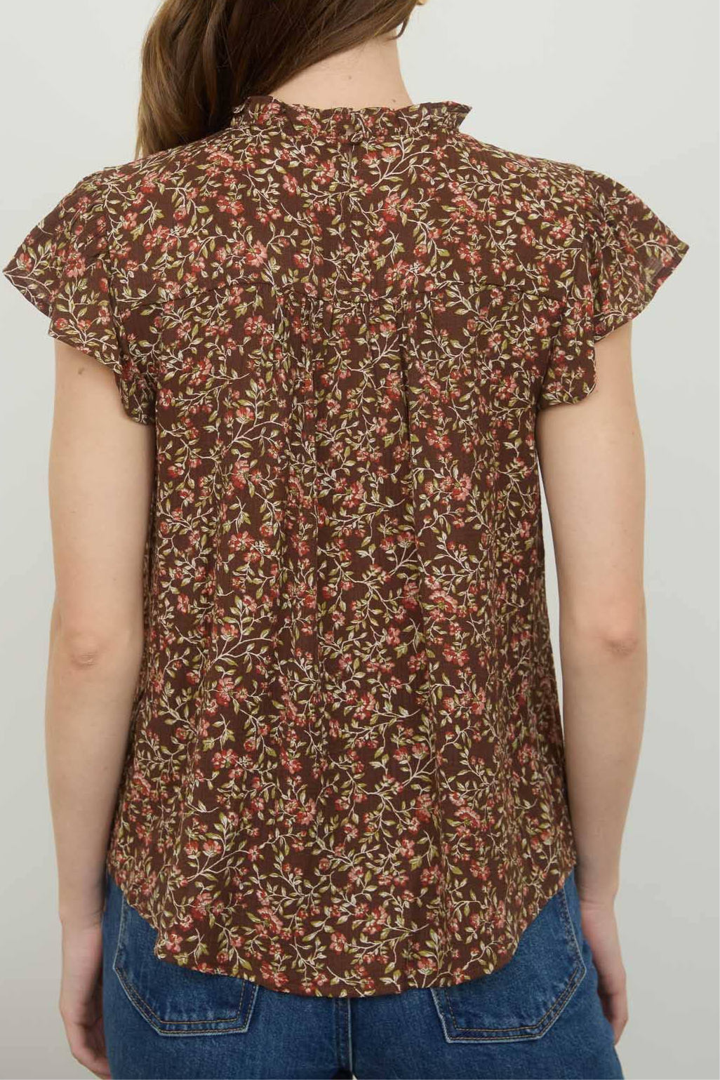FLORAL LACE YOKE TRIM RUFFLE DETAIL SHORT SLEEVE TOP