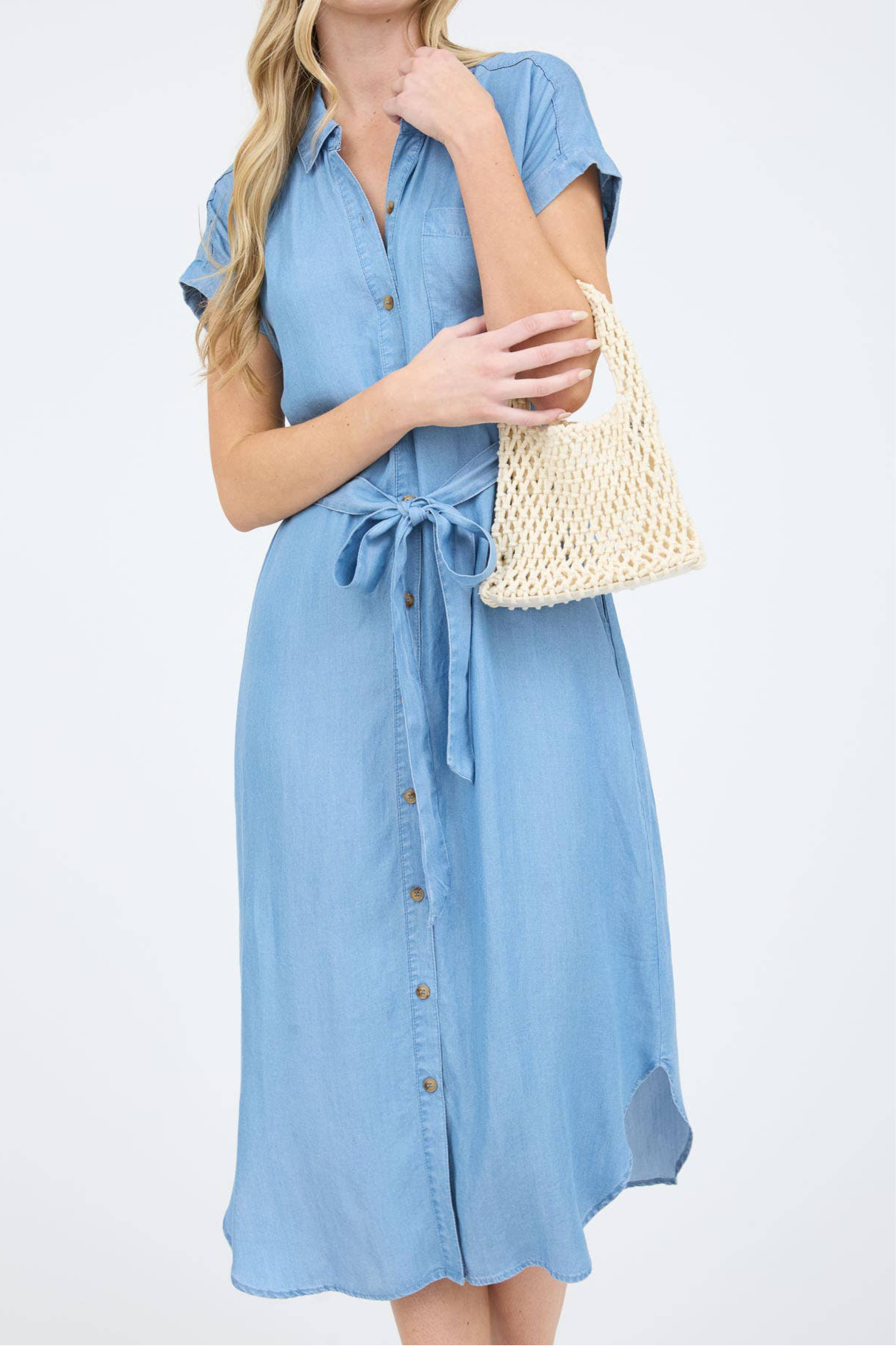 Chambray Belted Button Down Midi Shirt Dress