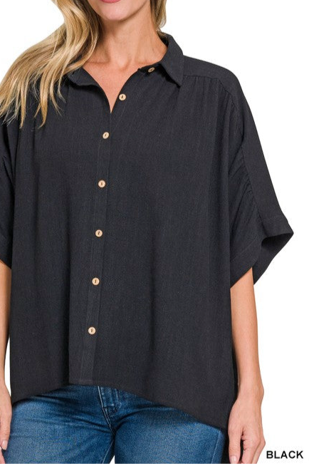 Linen Ruched Shoulder Button Down Top