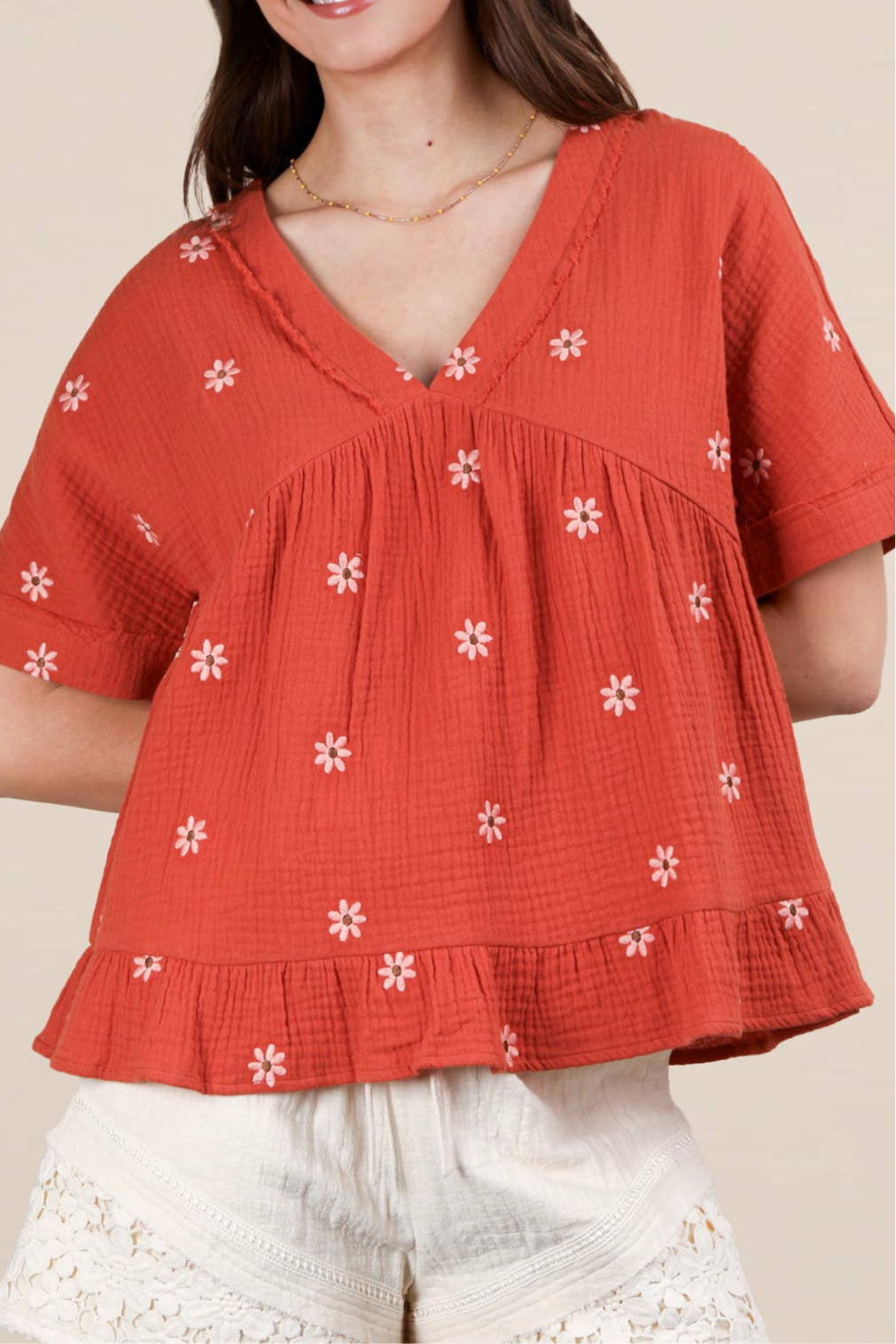 Flower Embroidered Woven Blouse Top