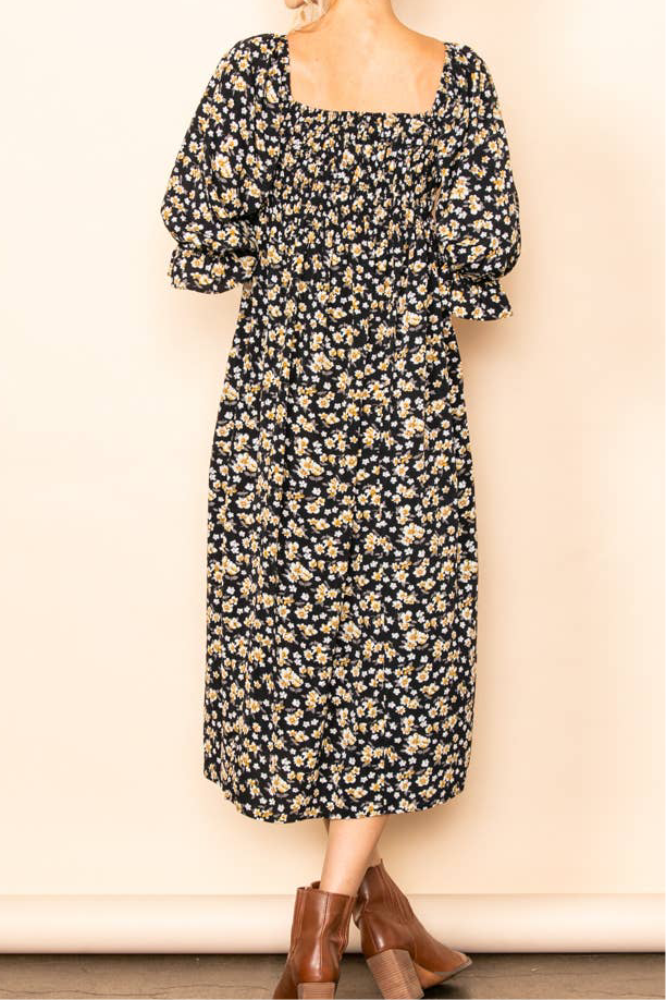 On & Off Shoulder Smocked Floral Midi Dress w Pockets