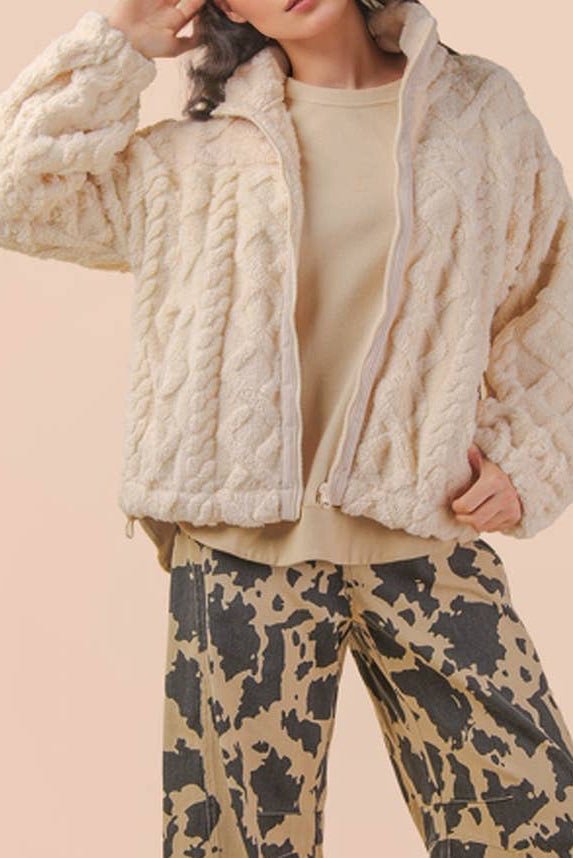 Fuzzy Fleece Cozy Cable Pattern Zip Up Jacket