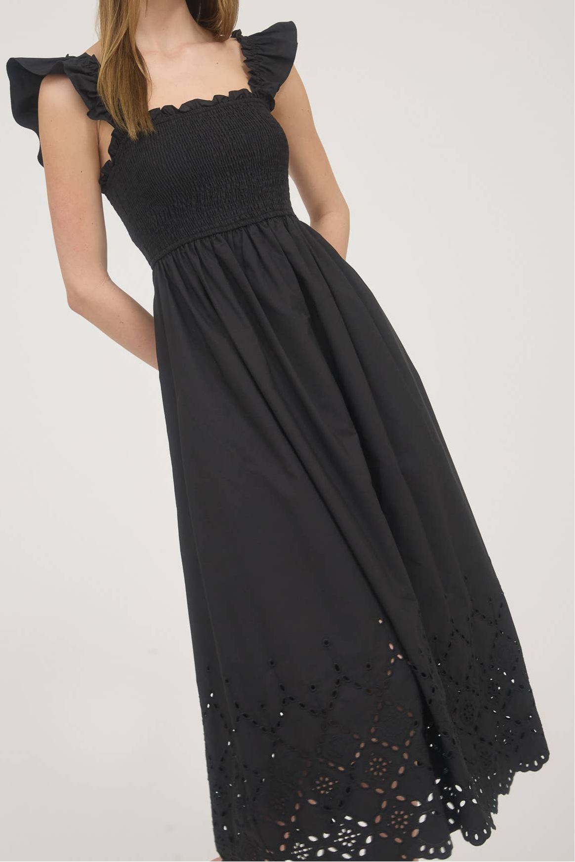 Black Smocked Eyelet Midi Dress