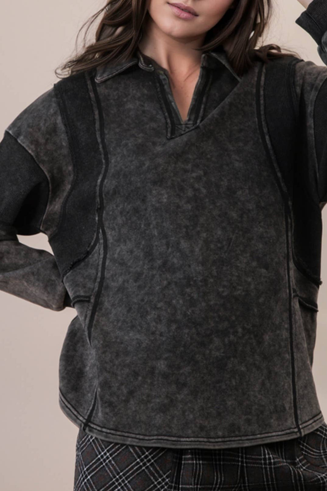 Black Mineral Washed Oversized French Terry Knit Top