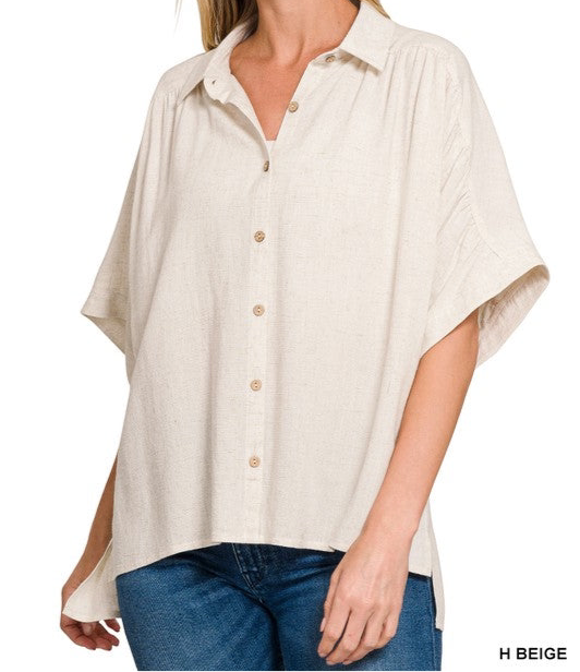 Linen Ruched Shoulder Button Down Top