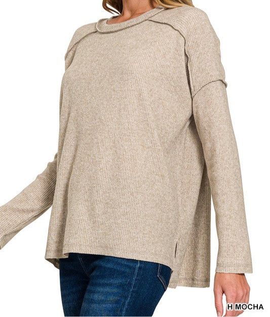 Brushed Ribbed Reverse Seam High Low Top