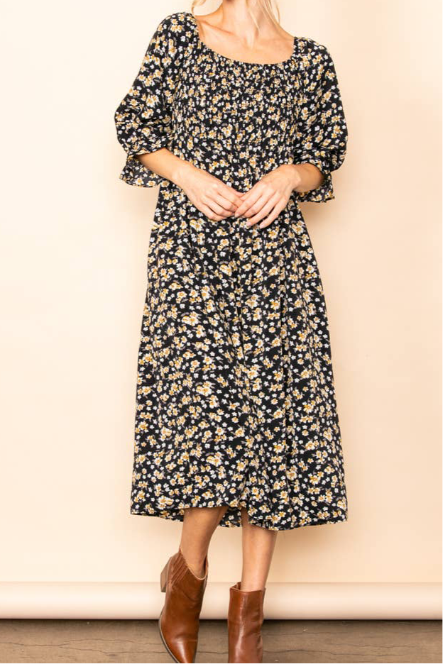 On & Off Shoulder Smocked Floral Midi Dress w Pockets
