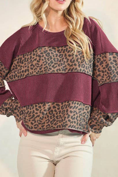 Ribbed Leopard Color Block Top