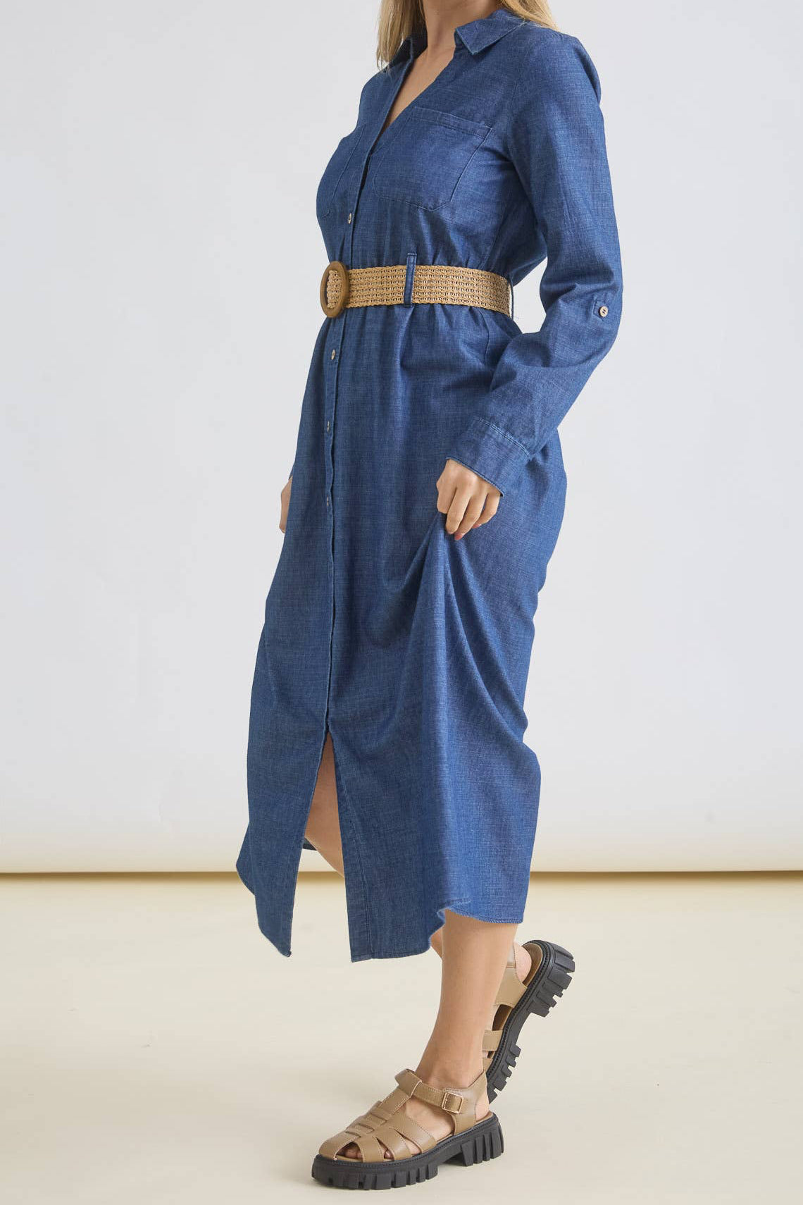 Button Down Denim Belted Dress