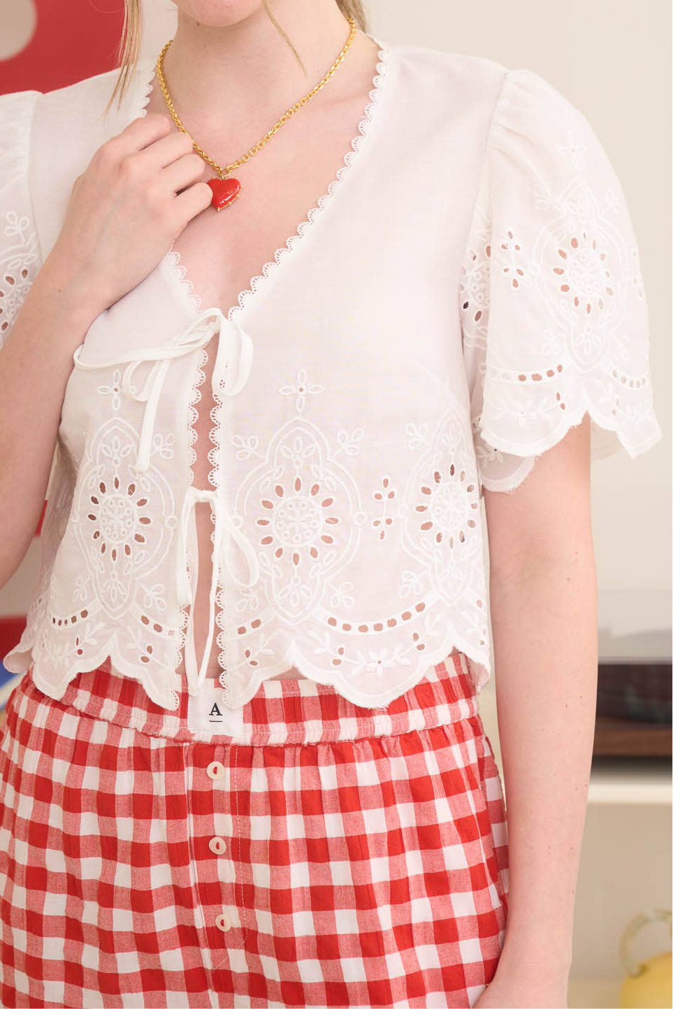 Eyelet Scalloped Front Tie Top