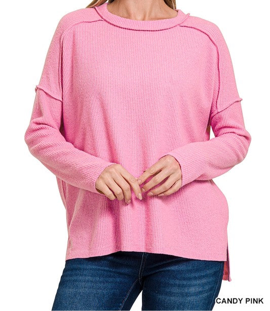 Brushed Ribbed Reverse Seam High Low Top