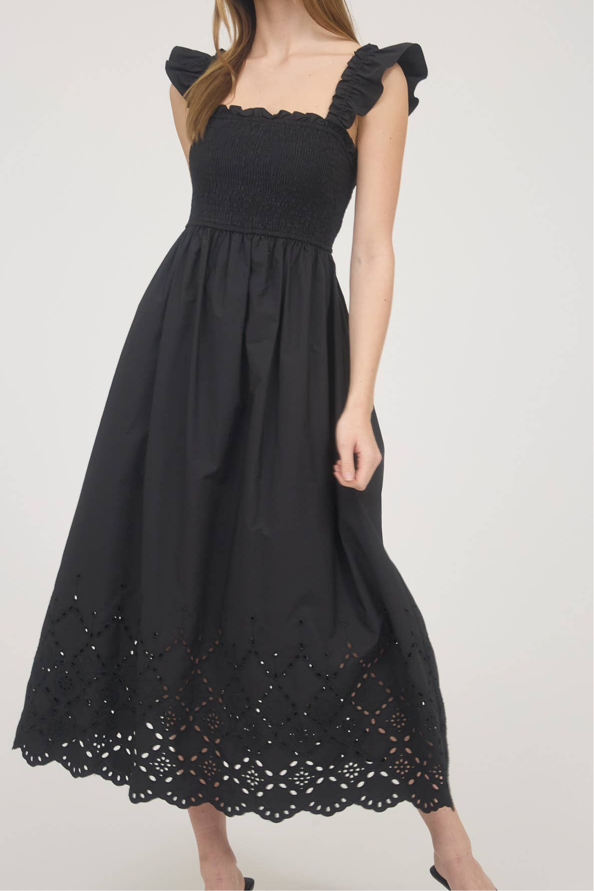 Black Smocked Eyelet Midi Dress