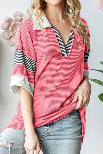 Raised Ribbed Contrast Stripe Insert Top