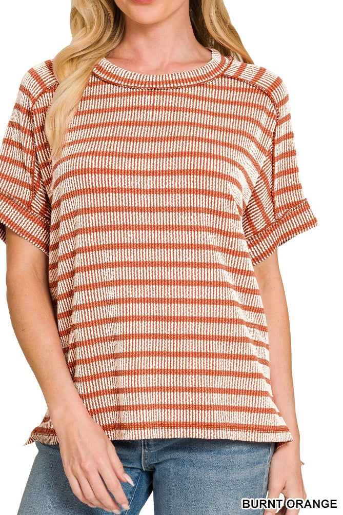 Zenana Stripe Short Sleeve Raised Rib Crew Neck Top