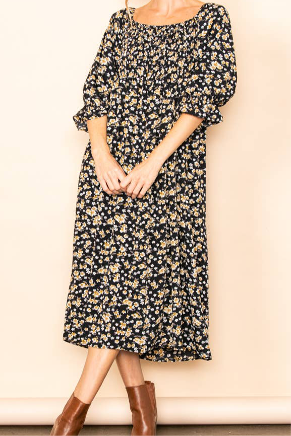 On & Off Shoulder Smocked Floral Midi Dress w Pockets