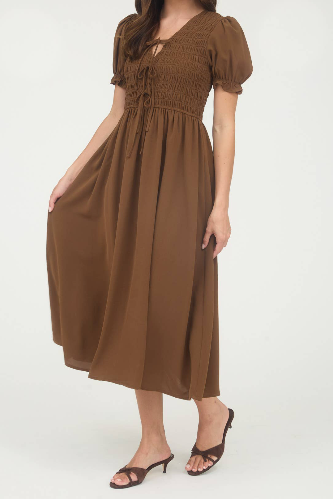 Tie Front Smocked Midi Dress
