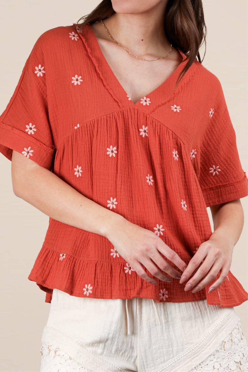Flower Embroidered Woven Blouse Top