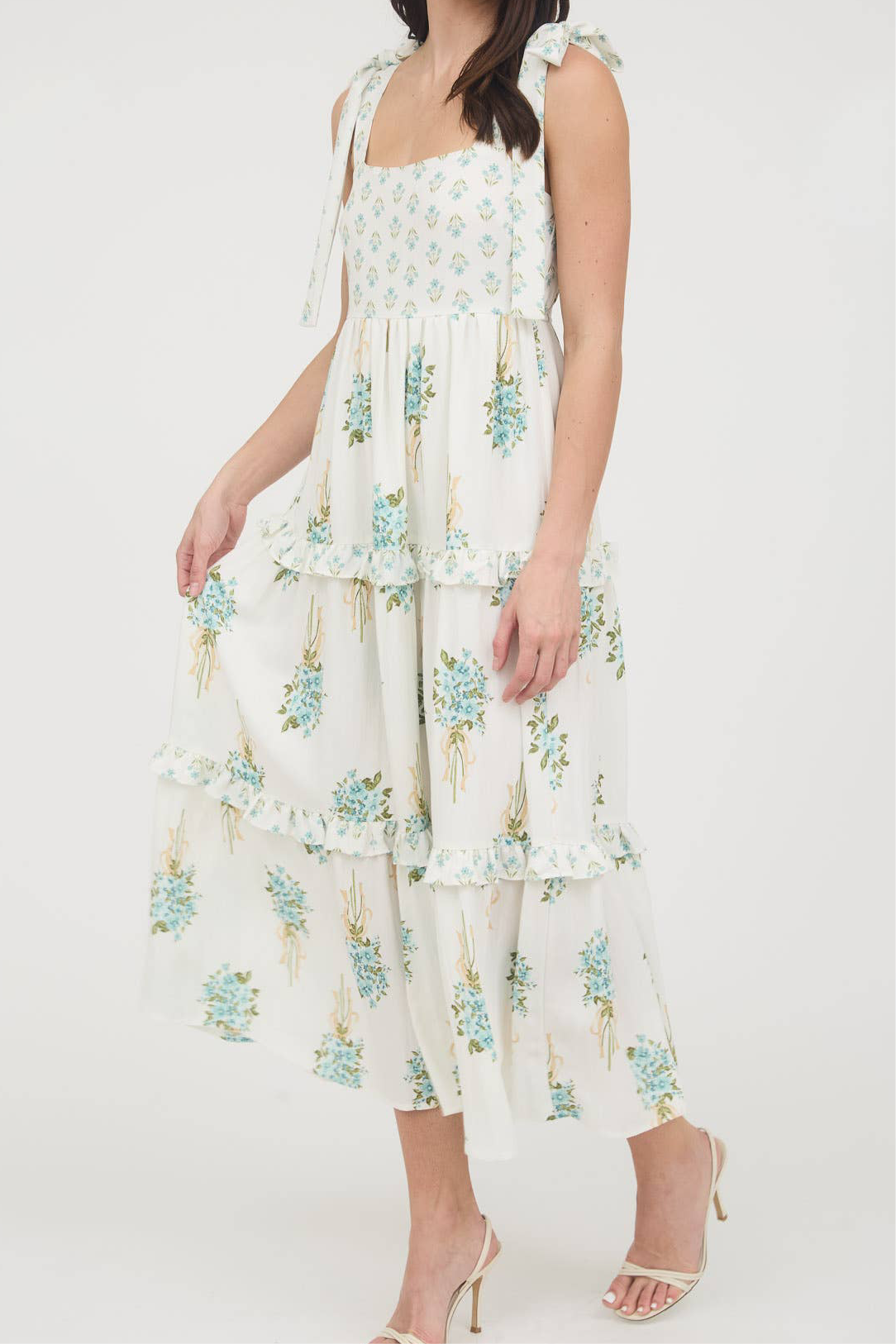 Floral Bouquet Shoulder Tie Tiered Dress