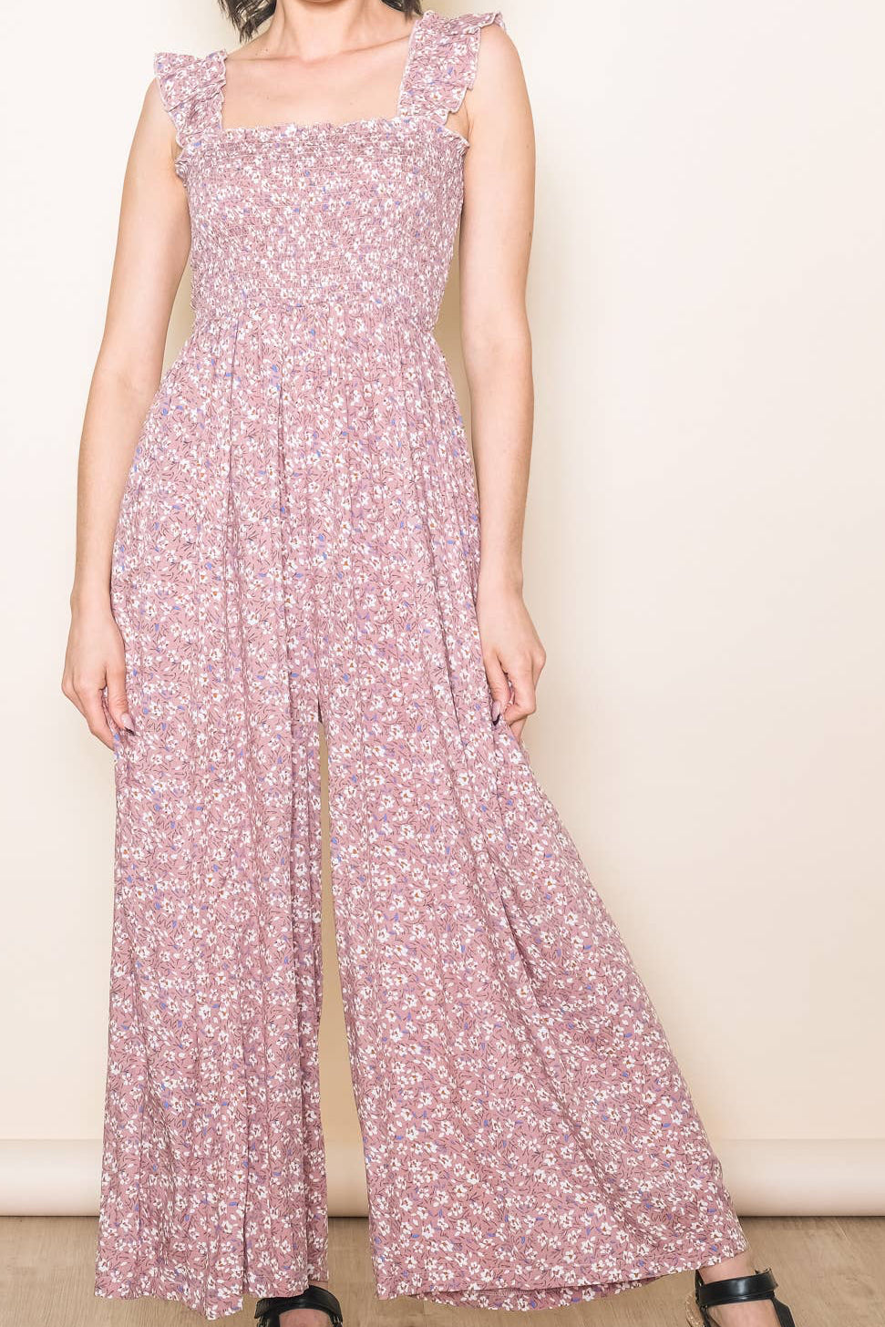 Pink Floral Ruffle Shoulder Smocked Wide Leg Jumpsuit