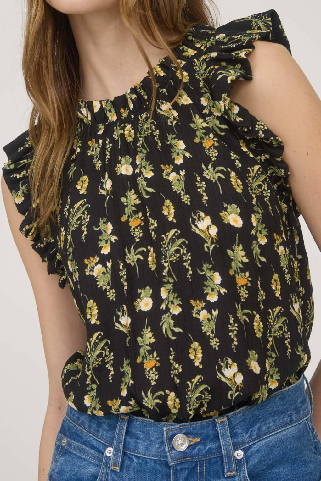 Dark Floral Sleeveless Ruffle Top