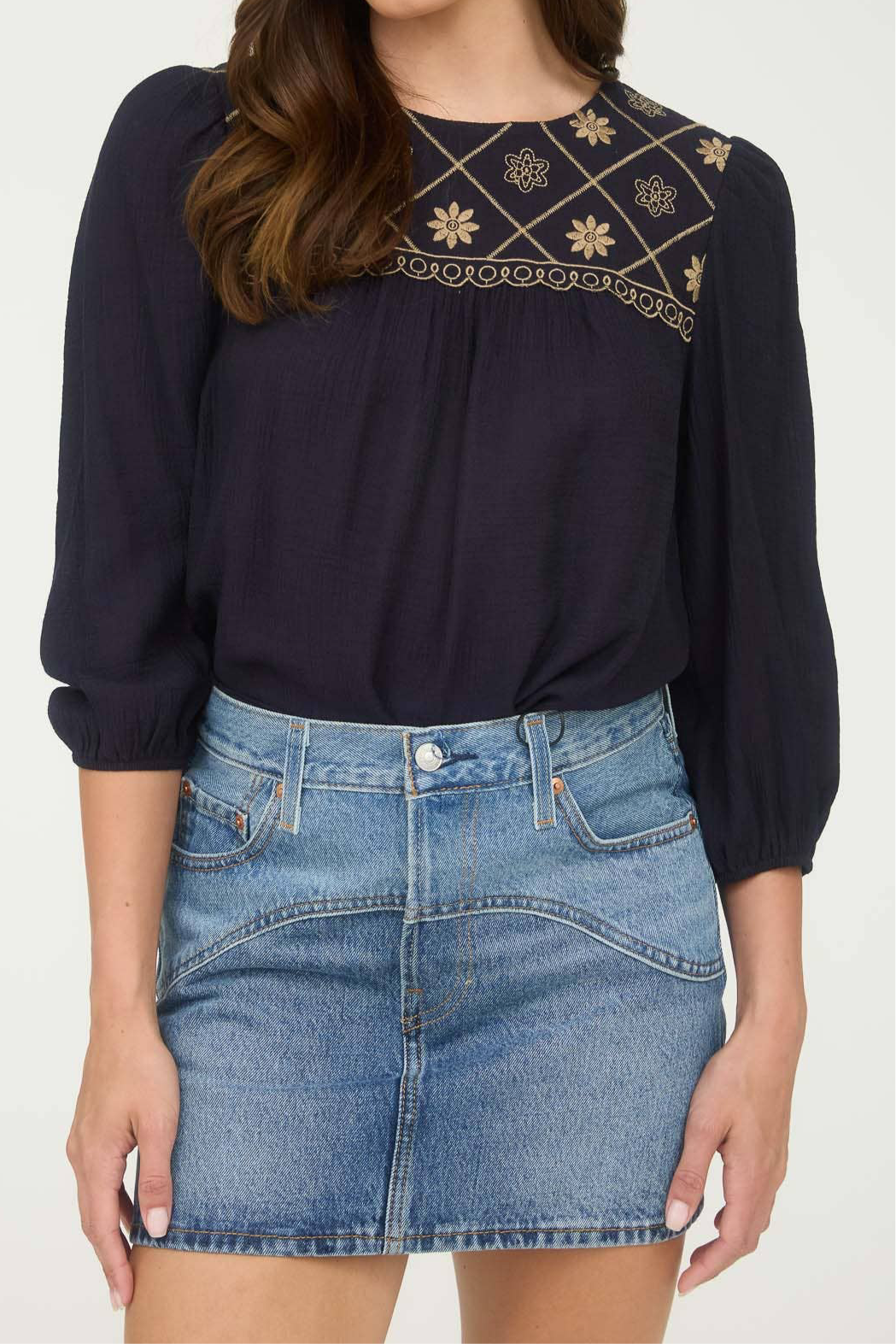 Embroidered Yoke 3/4 Sleeve Top