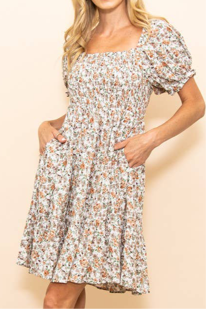 Floral Puff Sleeves Smocked Chest Flare Dress with Pockets