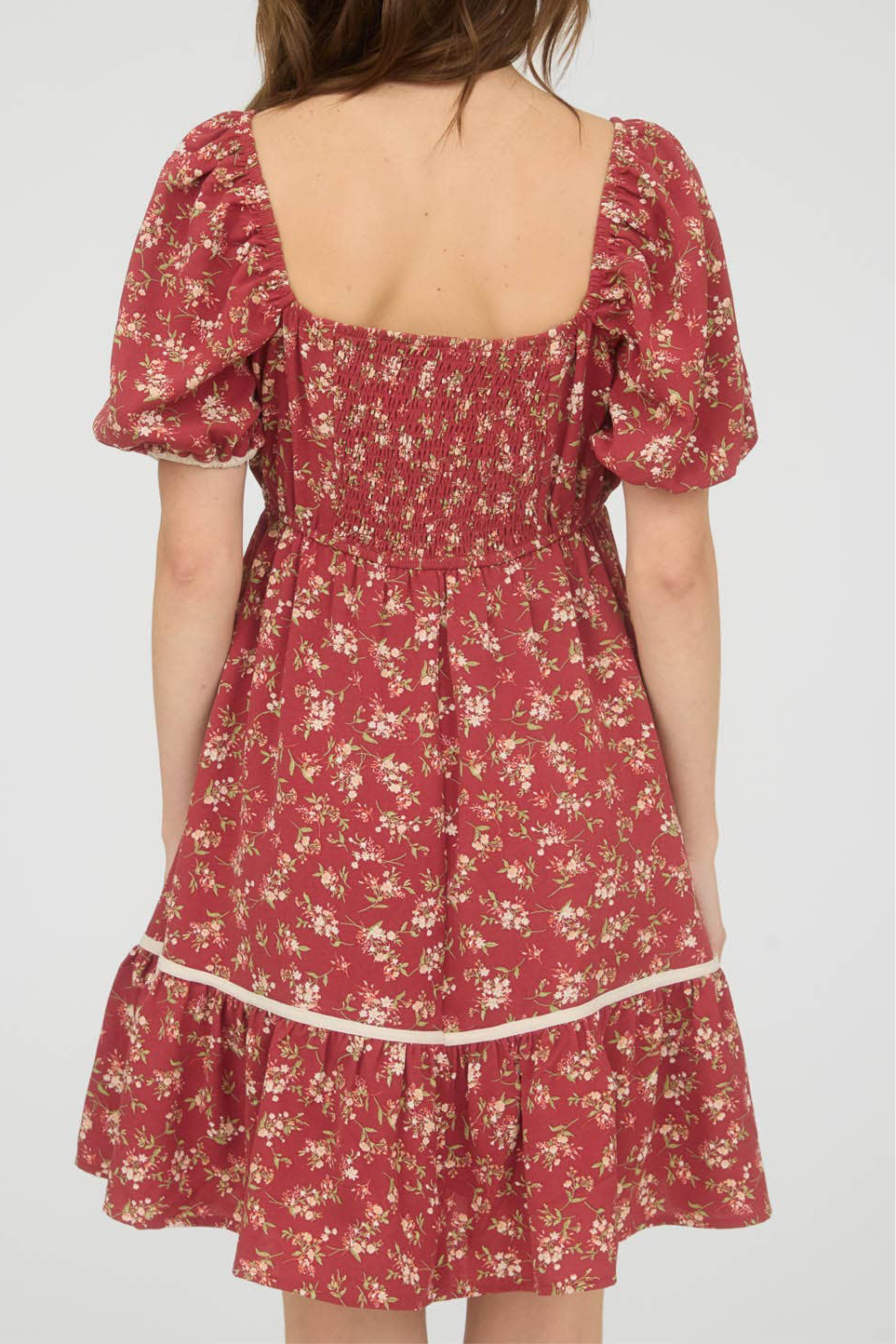 Brick Floral Contract Puff Sleeve Dress