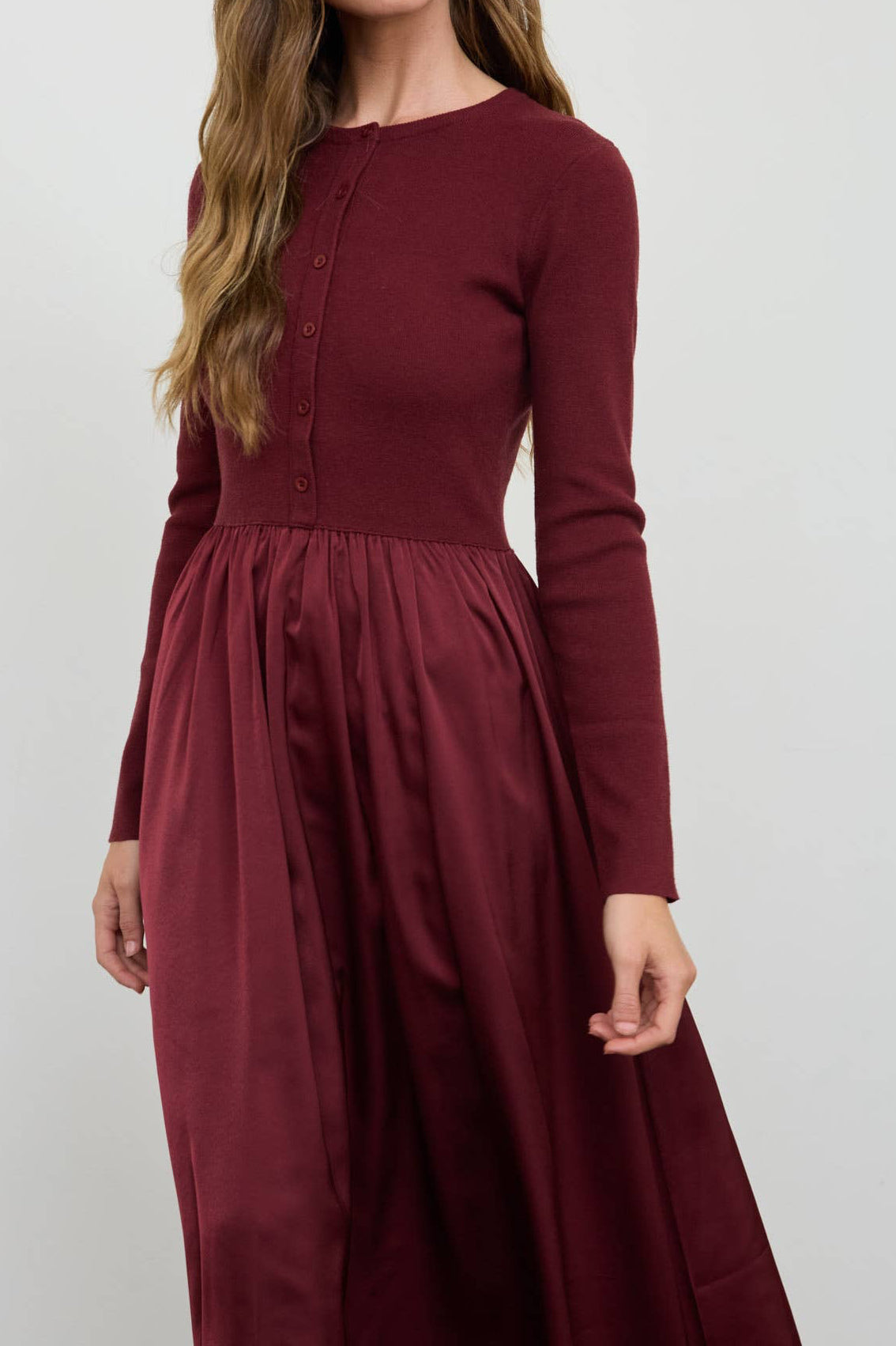 Knit Long Sleeve Satin Skirt Dress