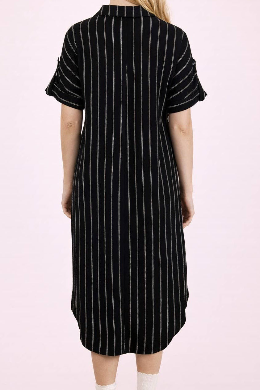Black Striped Linen Midi Button Down Shirt Dress