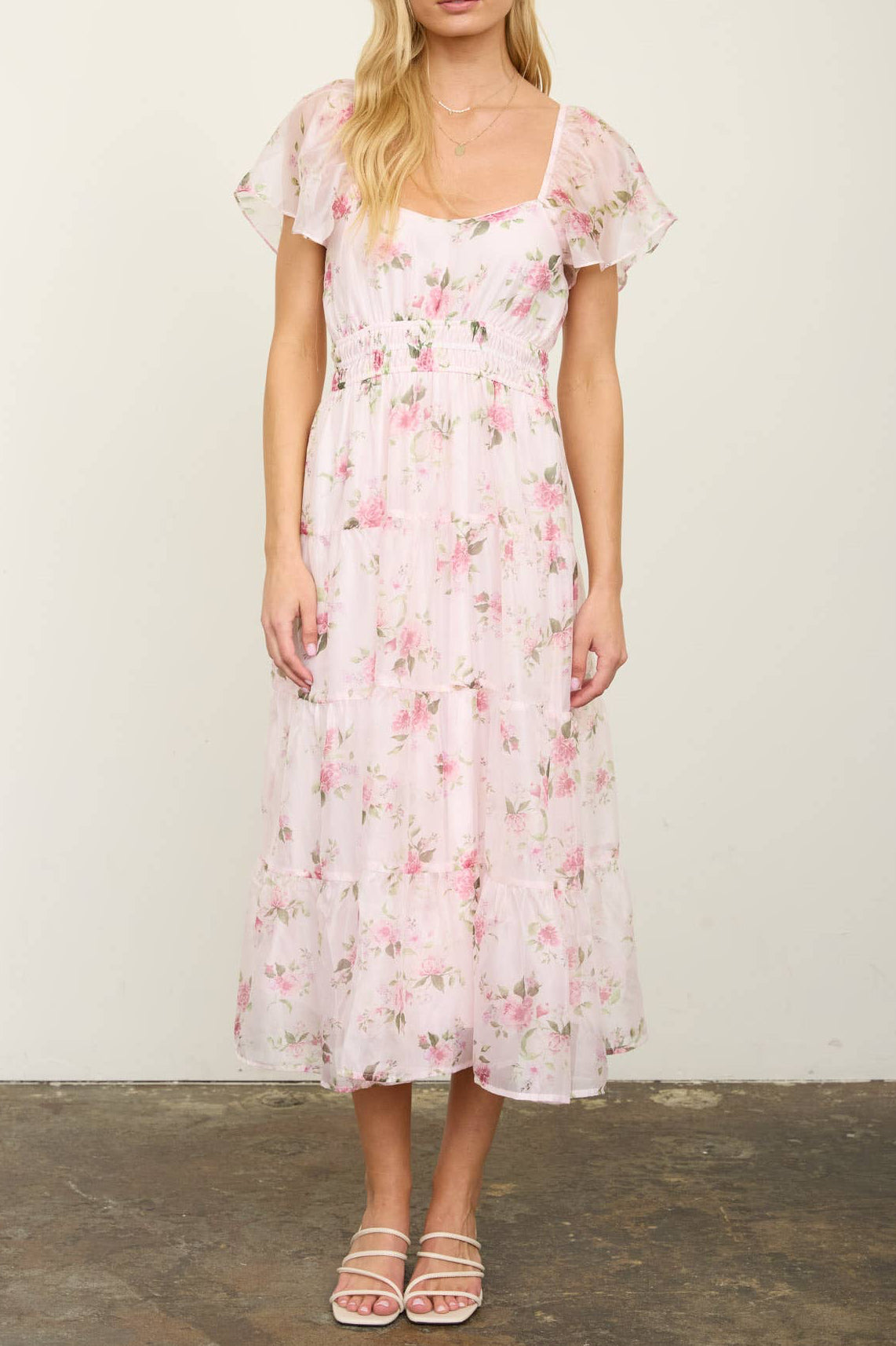 Floral Chiffon Flounce Sleeve Midi Dress