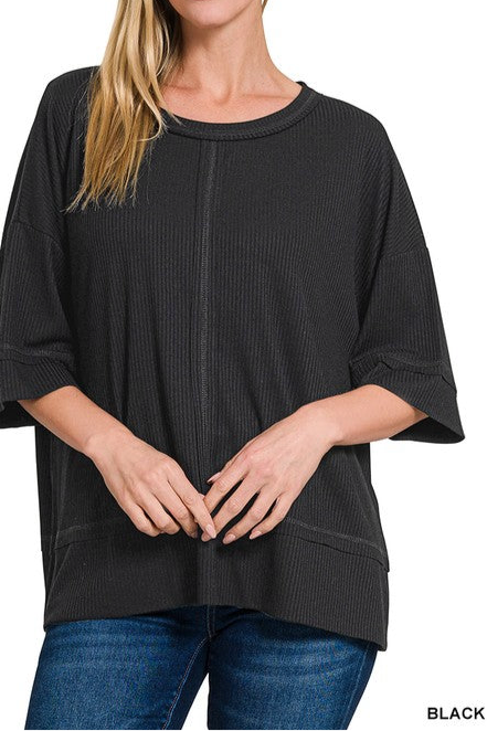 Ribbed Boatneck 3/4 Sleeve Top