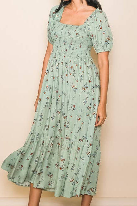 Sage Puff Sleeve Smocked Flare Midi Dress with Pockets
