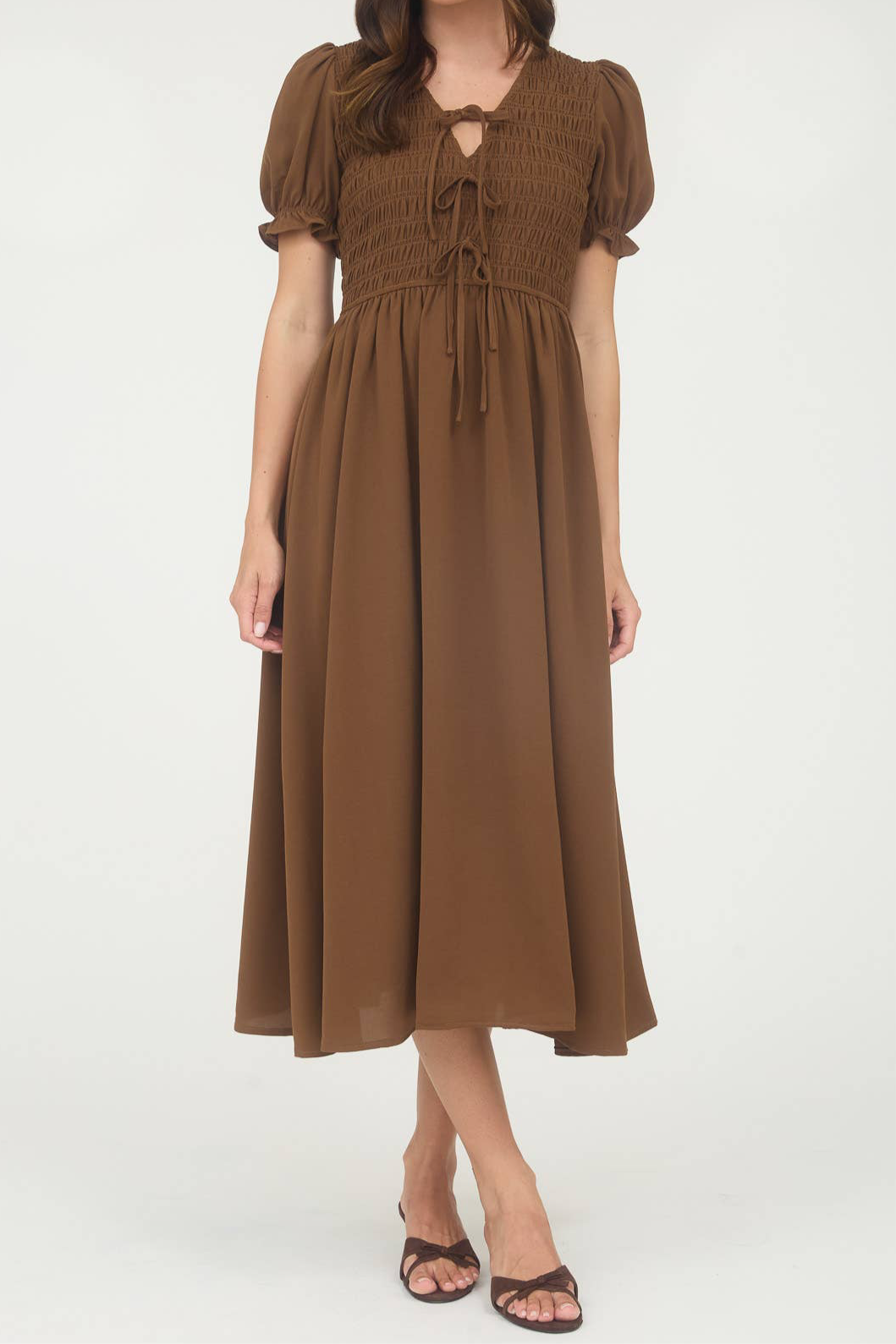 Tie Front Smocked Midi Dress