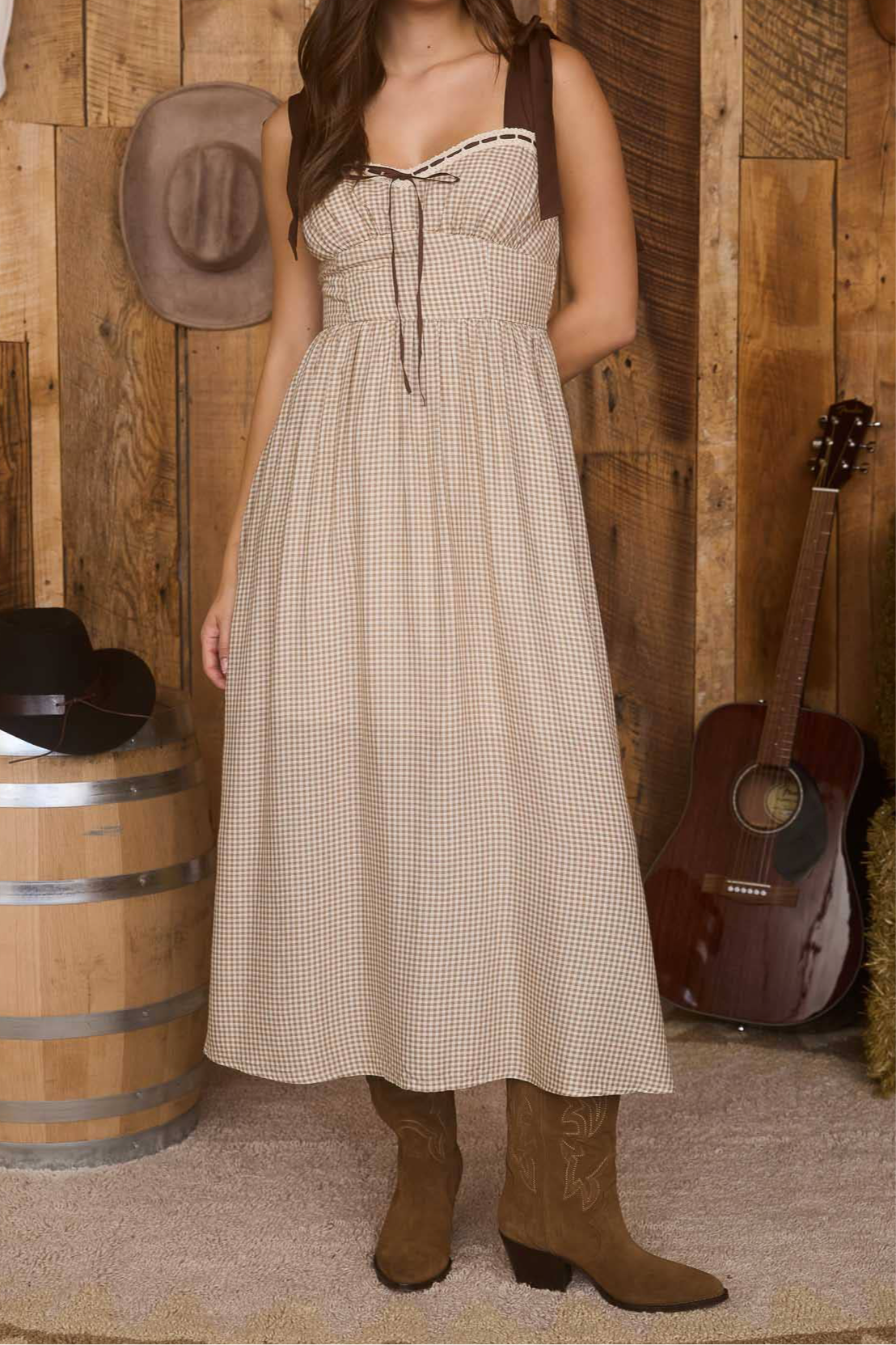 Plaid Ribbon Tie Midi Dress