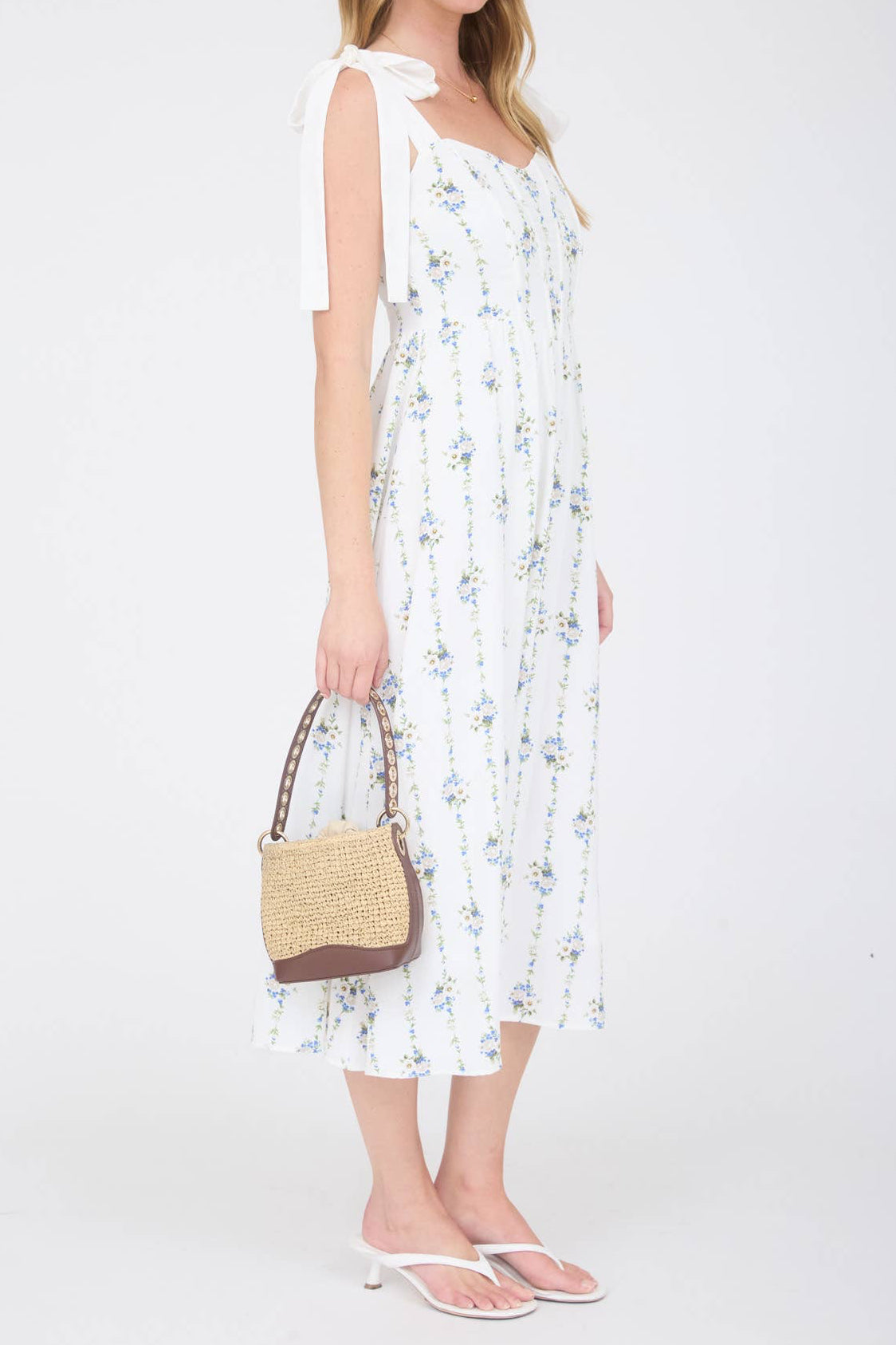 Ivory/Blue Floral Trellis Shoulder Tie Dress