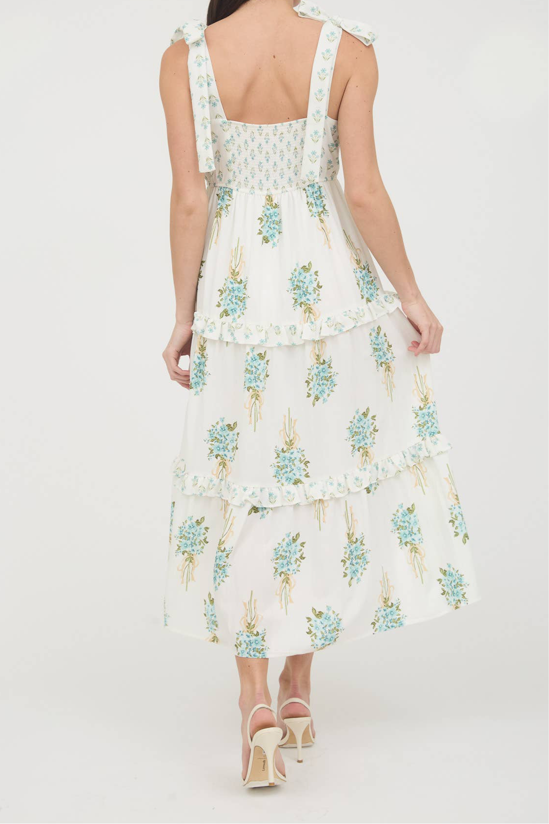 Floral Bouquet Shoulder Tie Tiered Dress