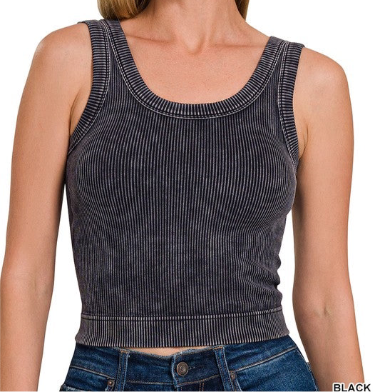 Stone Washed Ribbed Padded Crop Tank