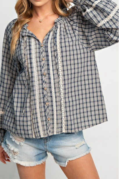 Navy Plaid Lace Trim Top