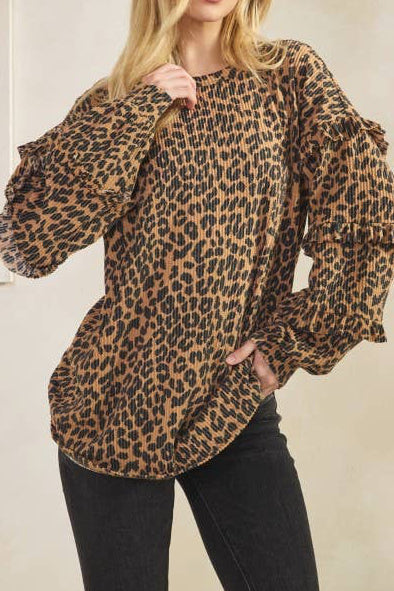 Leopard Ribbed Ruffle Sleeve Top