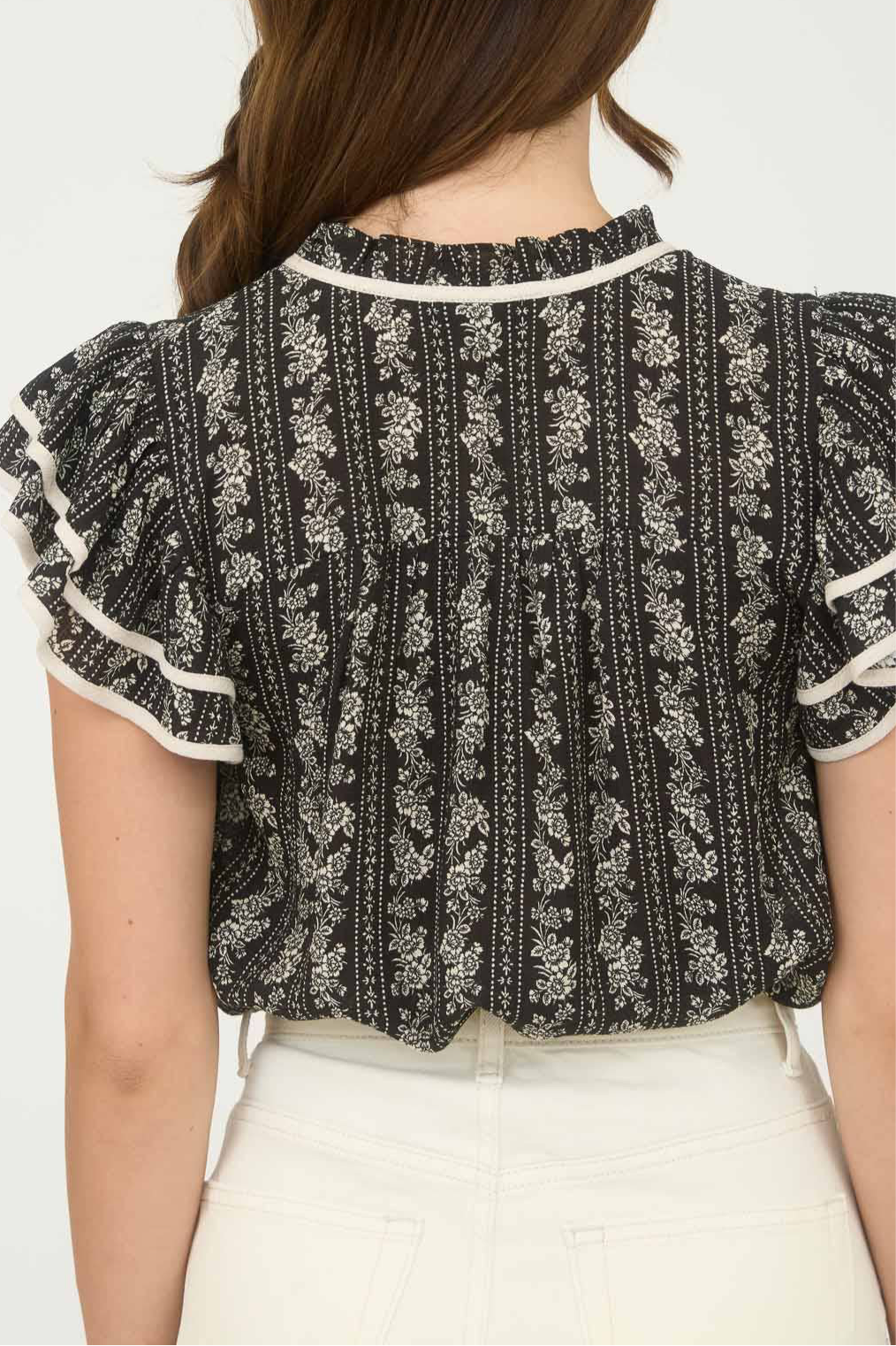 STRIPE FLORAL PATTERN TIE FRONT RUFFLE TOP
