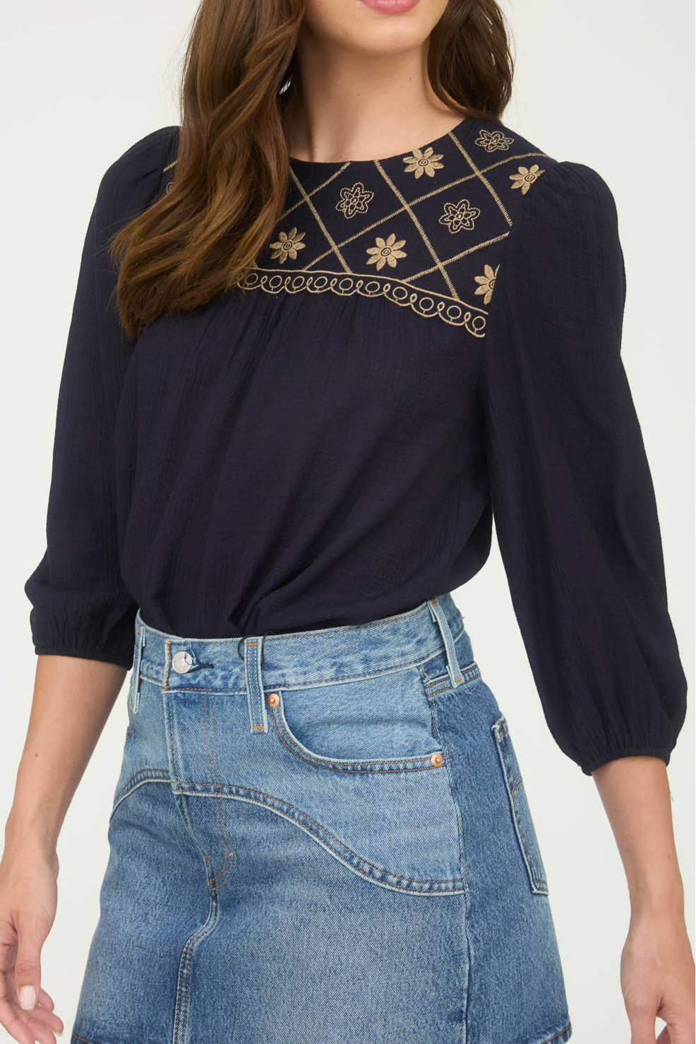 Embroidered Yoke 3/4 Sleeve Top