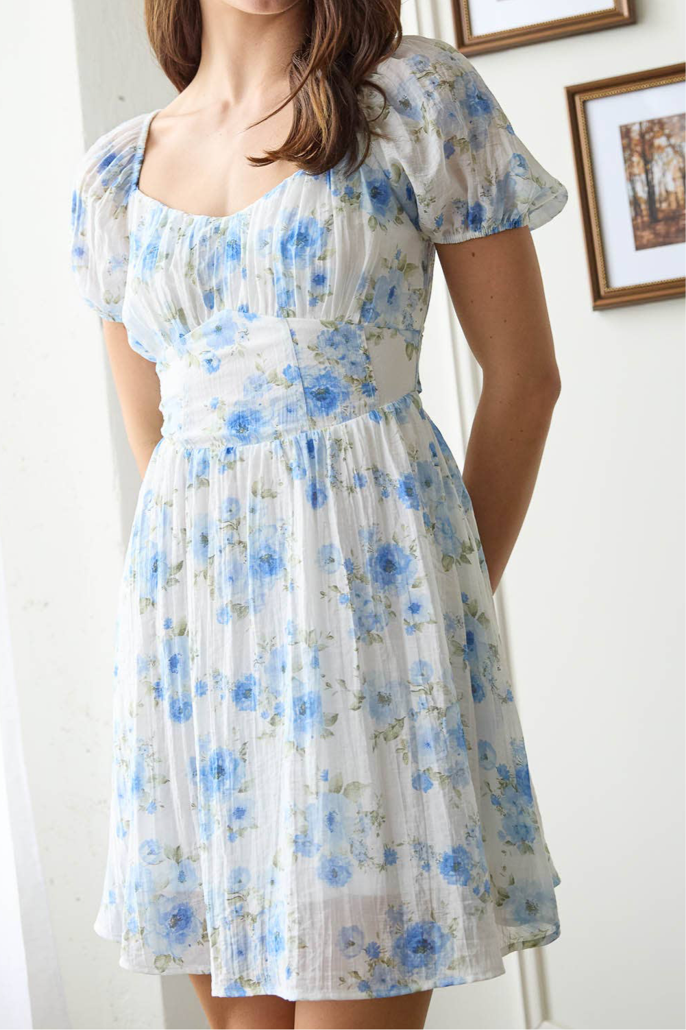 Blue Floral Corset Back Mini Dress