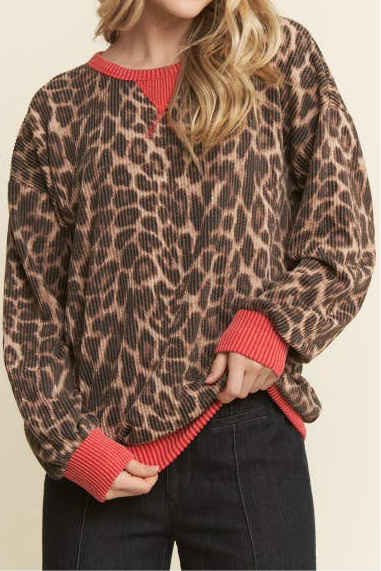 Leopard Ribbed Red Trim Long Sleeve Top